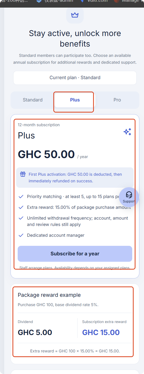 Plus subscription fee of 50 and a 15% bonus