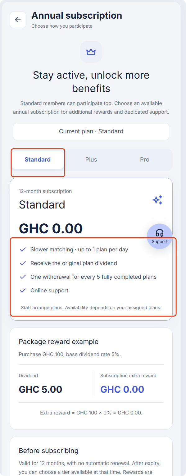 Standard membership benefits and reward example