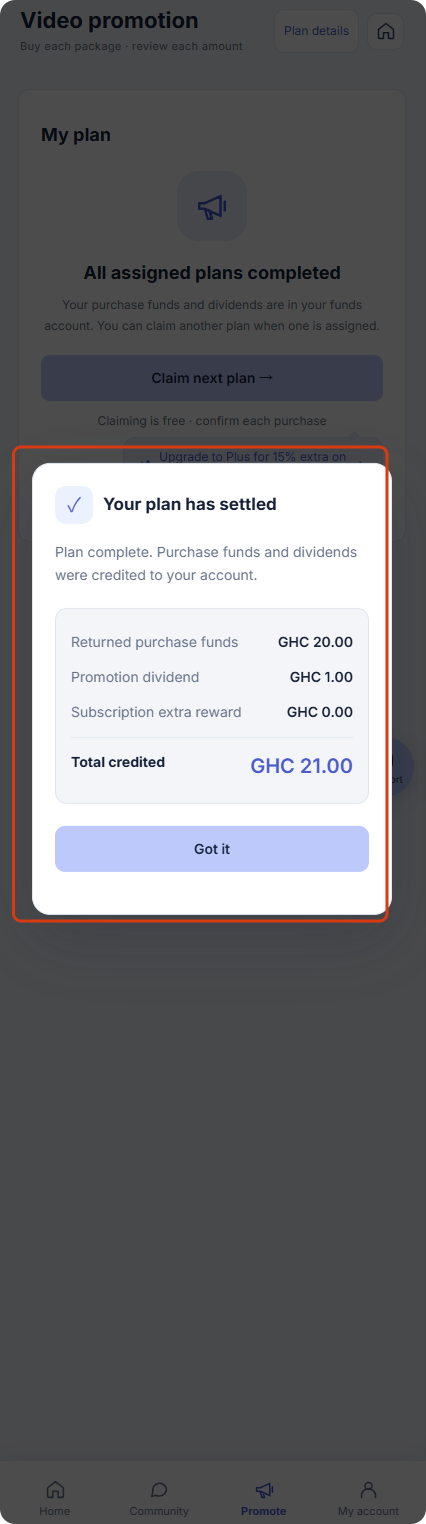 Example plan settlement screen from the guide